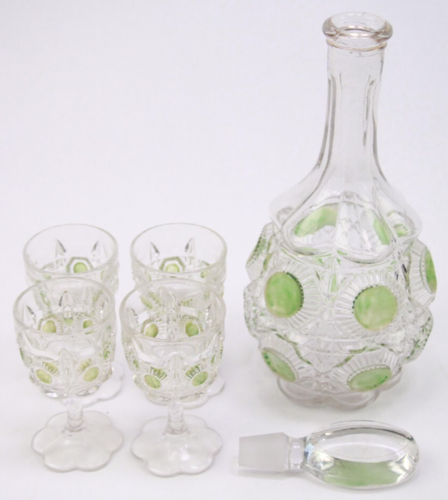 EAPG Newport 4X Goblets & Decanter Glass Bull's Eye & Daisy Green Stain
