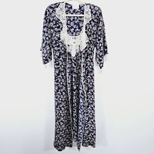 Vtg California Dynasty Satin Robe Slip Dress Set L Navy Lace Floral Cottage Maxi