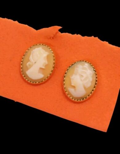 WELLS STUNNING VINTAGE ESTATE CAMEO 14K GF POST EARRINGS RARE VICTORIAN