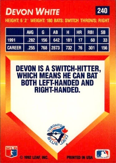 1992 Triple Play #240 Devon White - Image 2 of 2