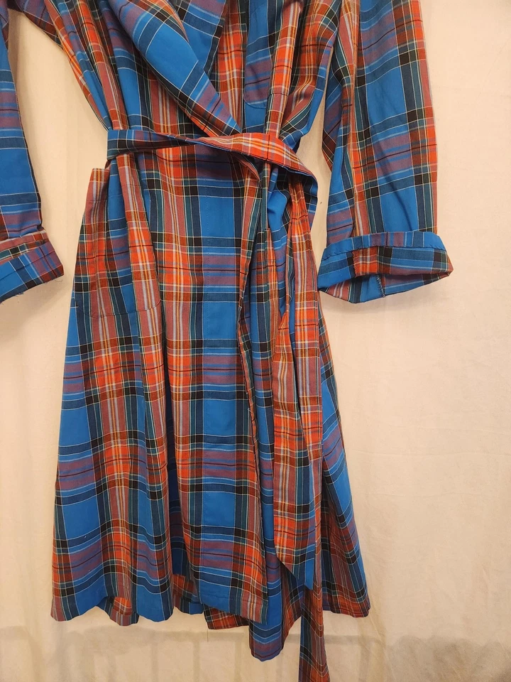 ВИНТАЖНЫЙ Towcraft халат мужской XL синий оранжевый клетку шаль воротник ремень пенни 60-х - Изображение 4 из 4