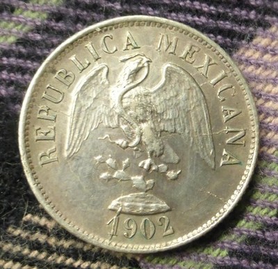 1902 Zs Z Mexico 20 Centavos Silver, AU /BU Twenty, Mint Error