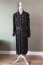 Chicot Vintage Shirt Dress Sz 12 Pleated Skirt Black & Multicoloured Belted VGC
