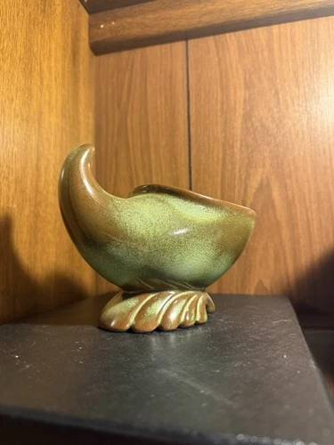 Frankoma Pottery Prairie Green Cornucopia Horn Vase Vintage