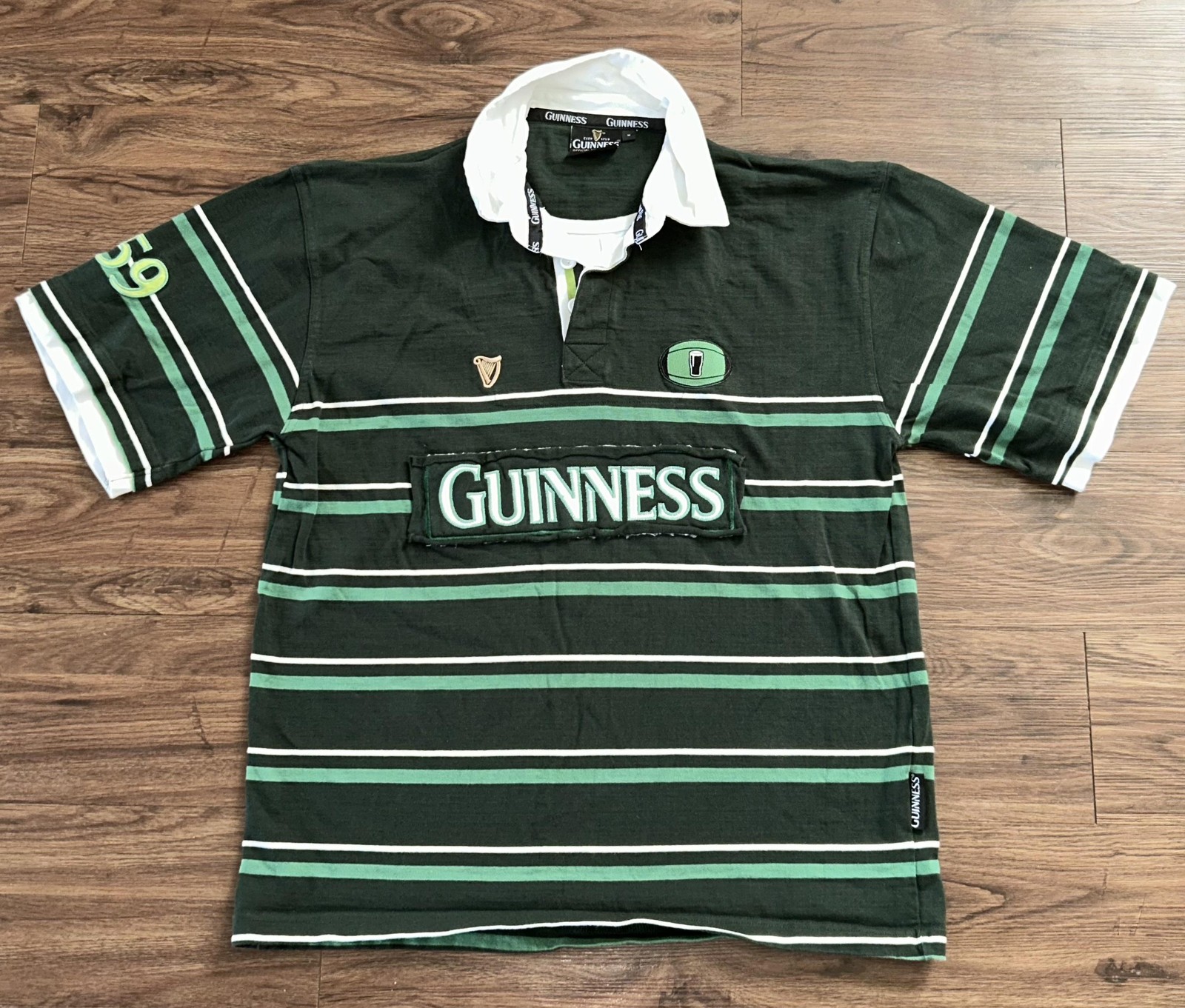 Guinness Polo Shirt Mens Medium Green Striped Rugby 1759 Official Beer Logo