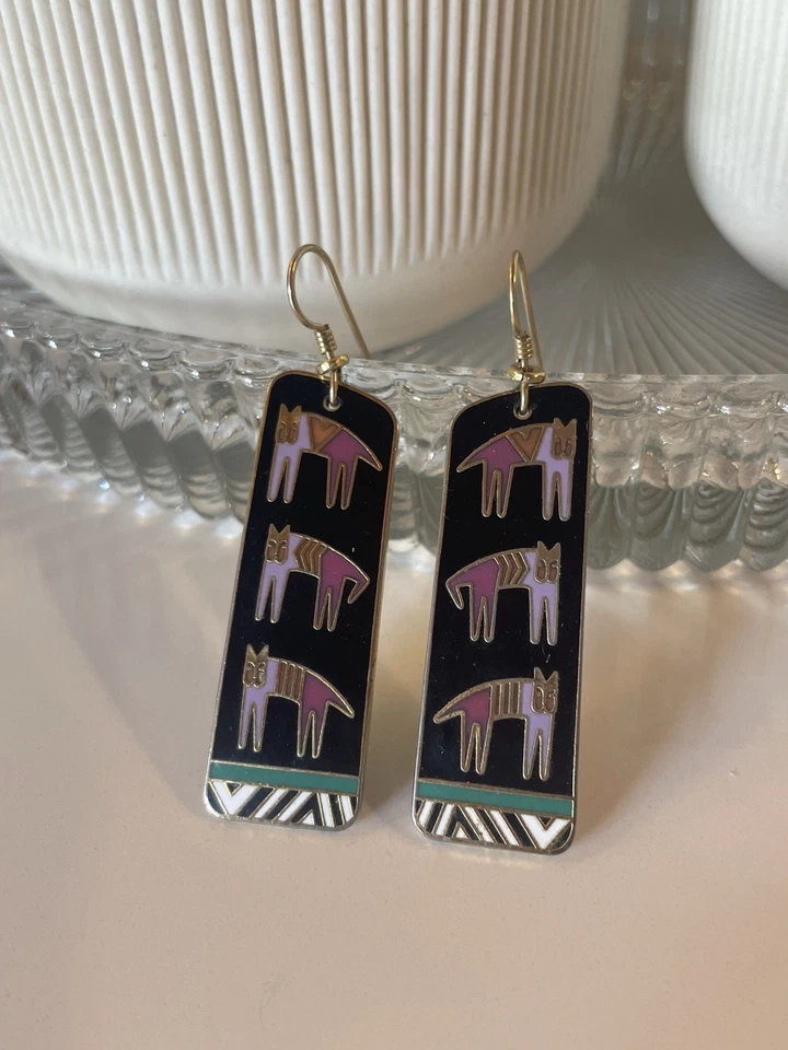 Laurel Burch винтажный иероглифический Cat серьги эмаль ретро фиолетовый клуазоне - Изображение 4 из 4
