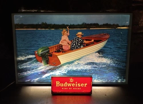 Vintage 1950s Budweiser Beer Lighted Sign Man And Woman On Boat Scene