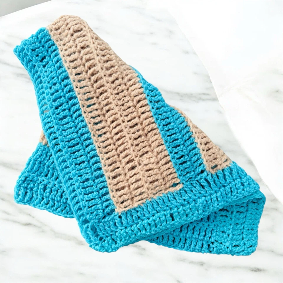 手工钩针婴儿毯 - 棕褐色和青绿色条纹阿富汗 20x34 柔软礼物 — 第 2/4 张图片