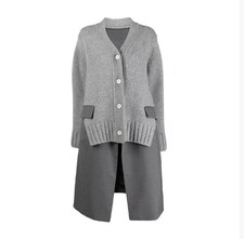 Sacai Luck Knitted patchwork suit fake two piece V-neck cardigan long coat dress