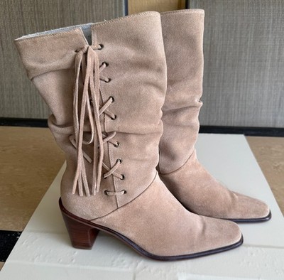 VTG. HOKUS POKUS WOMEN'S BOOTS. SIZE: 9 TAN SUEDE BOHO FRINGED COWBOY WESTERN
