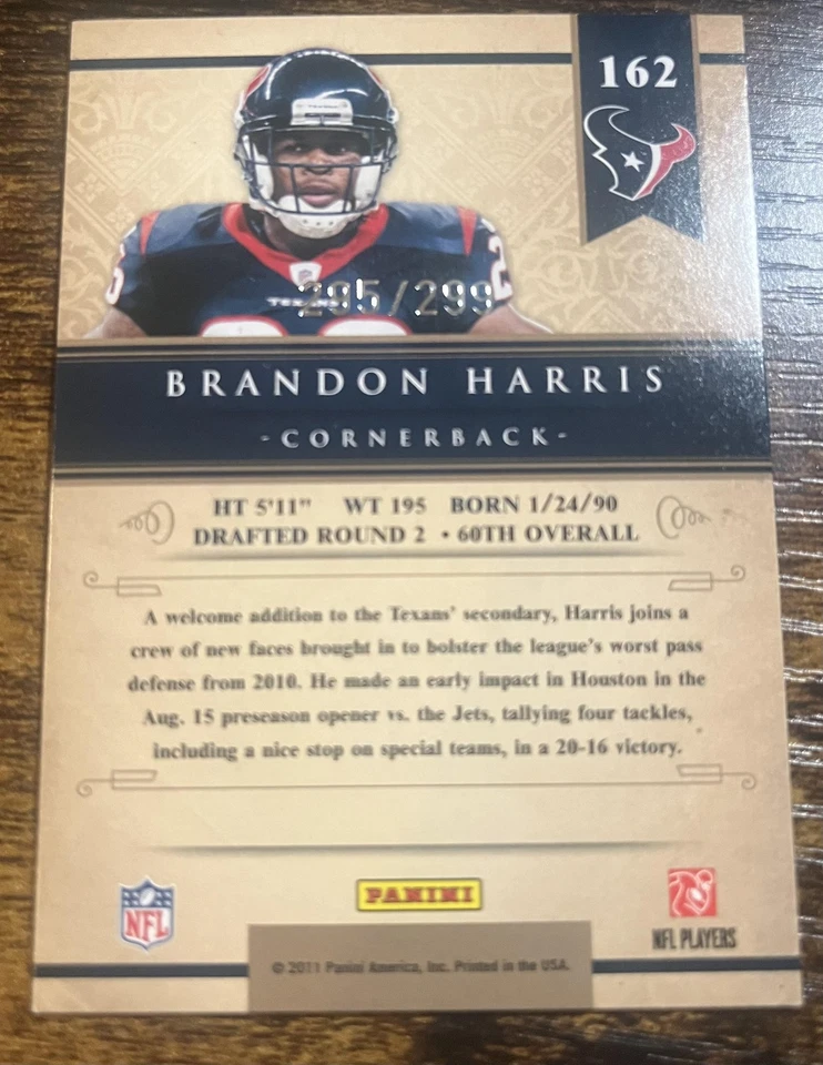 2011 Gold Standard #162 Brandon Harris Rookie SP #d /299! TEXANS - Image 2 of 2