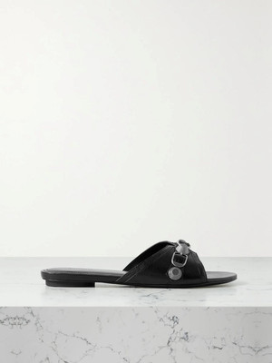 BALENCIAGA Cagole Studded Buckled Arena Leather Flat Slides Mules