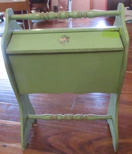 Vintage STANDING SEWING BOX Wooden Pale Green PINK FLORAL DECAL Sliding Tray 18"
