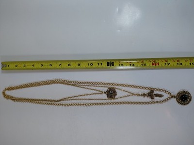 Vintage Triple Layer Gold Tone Necklace Green Cabochon Filigree Tassel Pendant
