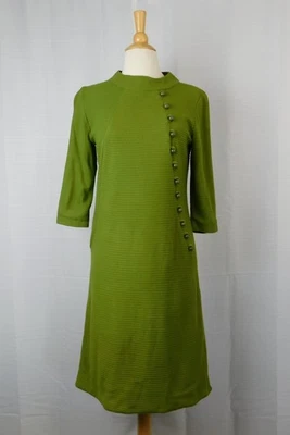 VTG 60s Mod Shift Dress Womens 12 Avocado Green Asymmetric Button ILGWU Knit - Photo 1/4