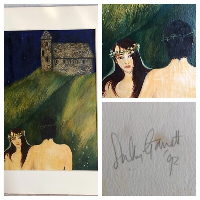 1992 Signed Ganett or Garrett Watercolor 7 x 10'' Adam Eve Stone Building