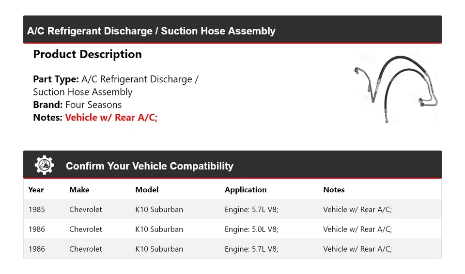 For 1985-86 Chevrolet K10 Suburban Discharge Suction Line Hose Assy 4 Seas - Image 2 of 4