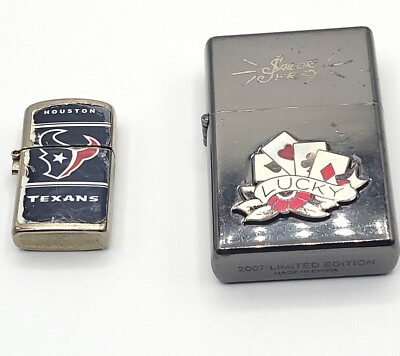 2 Vintage Promotional Cigarette Lighters Houston Texans, Sailor Jerry AS-IS 