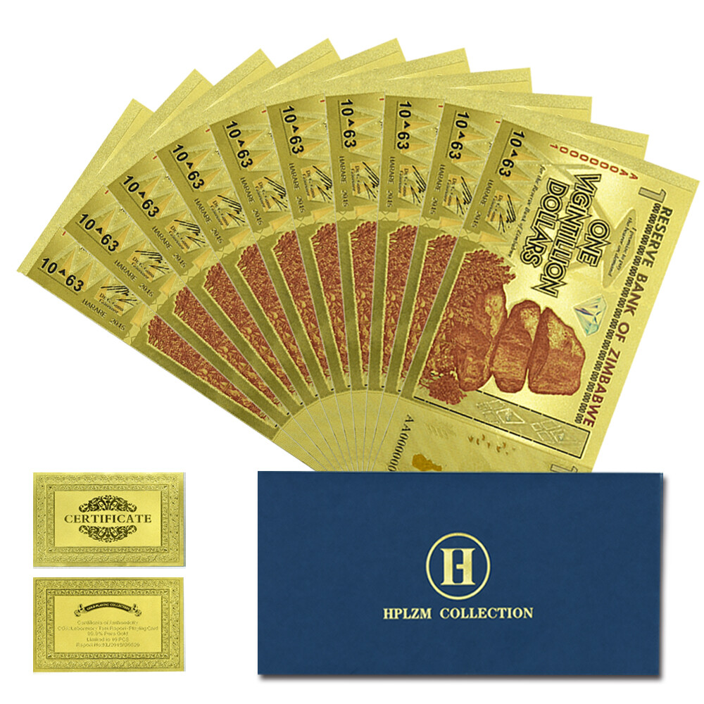 BANKNOTESコレクション 20枚 10pcs Zimbabwe One Vigintillion Dollars Gold Foil Plastic