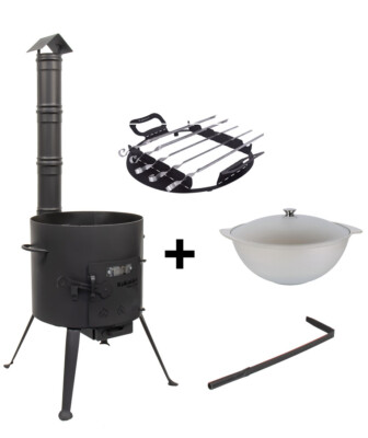Utschak Feuer-Ofen mit Schornstein + SPIESSAUFSATZ + 9 Liter Aluguss Kazan WOK
