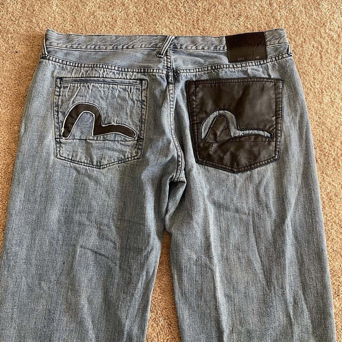 EVISU Pleather Seagull Logo Denim Pants Jeans Size 40 Used Japan 