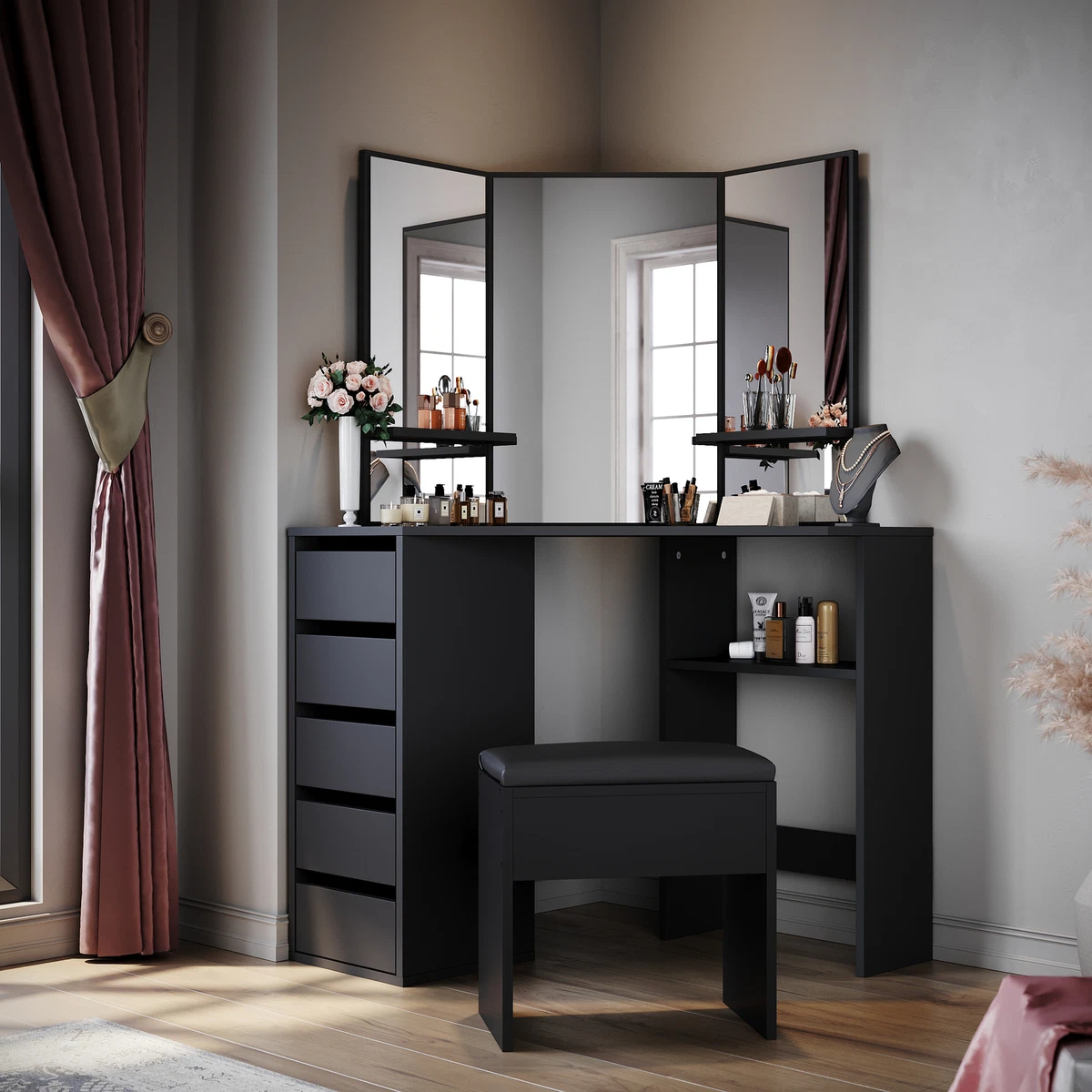 Black dressing table with mirror and stool deals