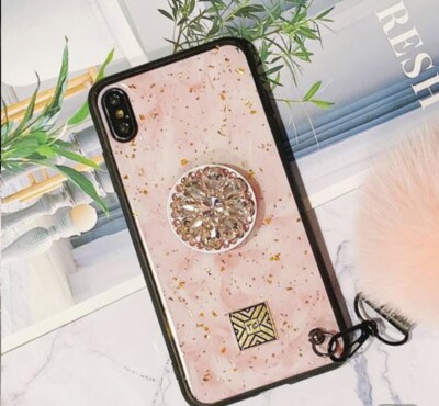 Glittering Trendy iPhone Case 7/8 Plus with Phone Holder and Pom-pom