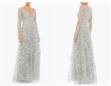 MAC DUGGAL  70224 FLORAL APPLIQUE LONG SLEEVE ILLUSIONS PLATINUM GOWN sz 12