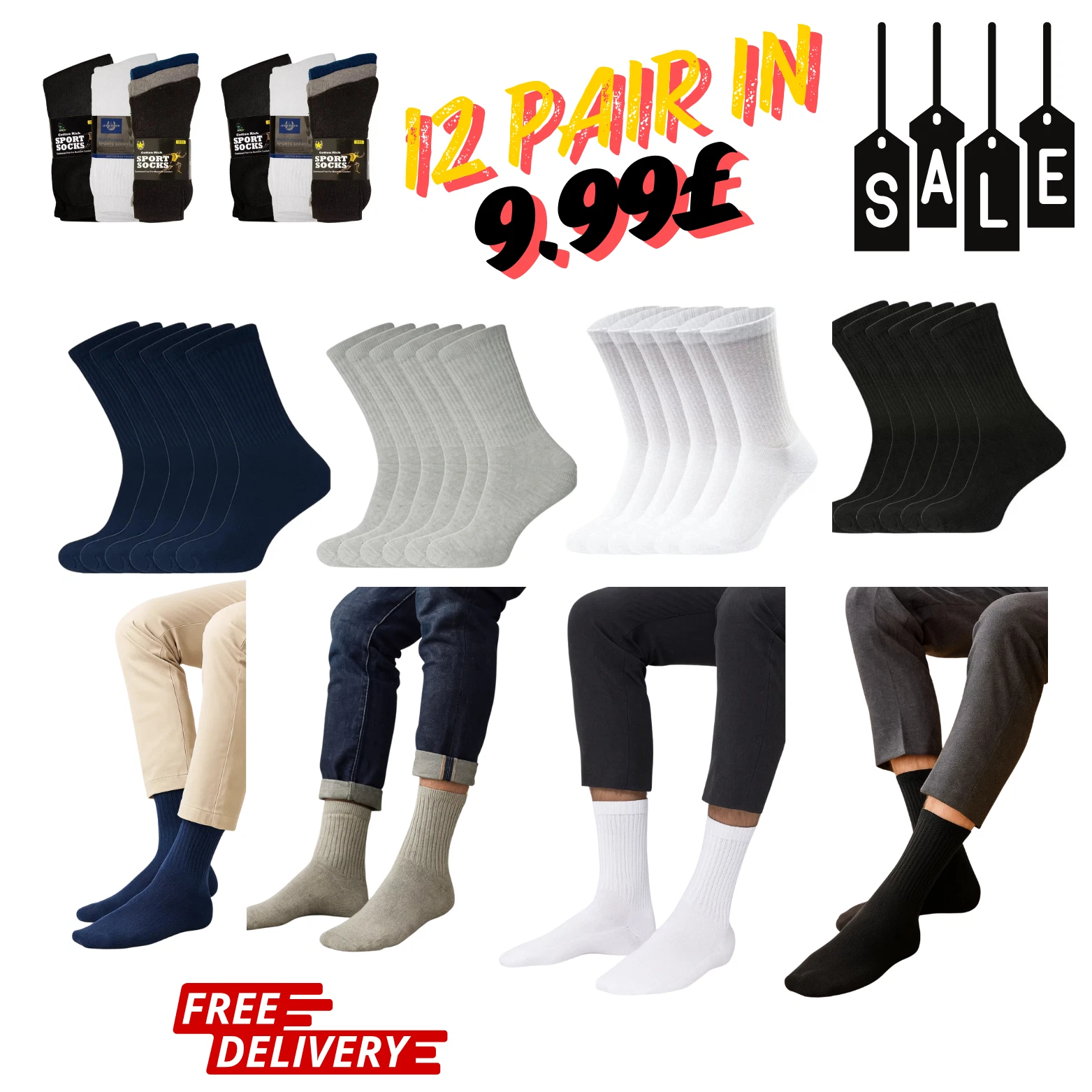 12Pairs Mens Sports Socks Cotton Rich Cushioned Everyday Crew Socks UK Size 6-13