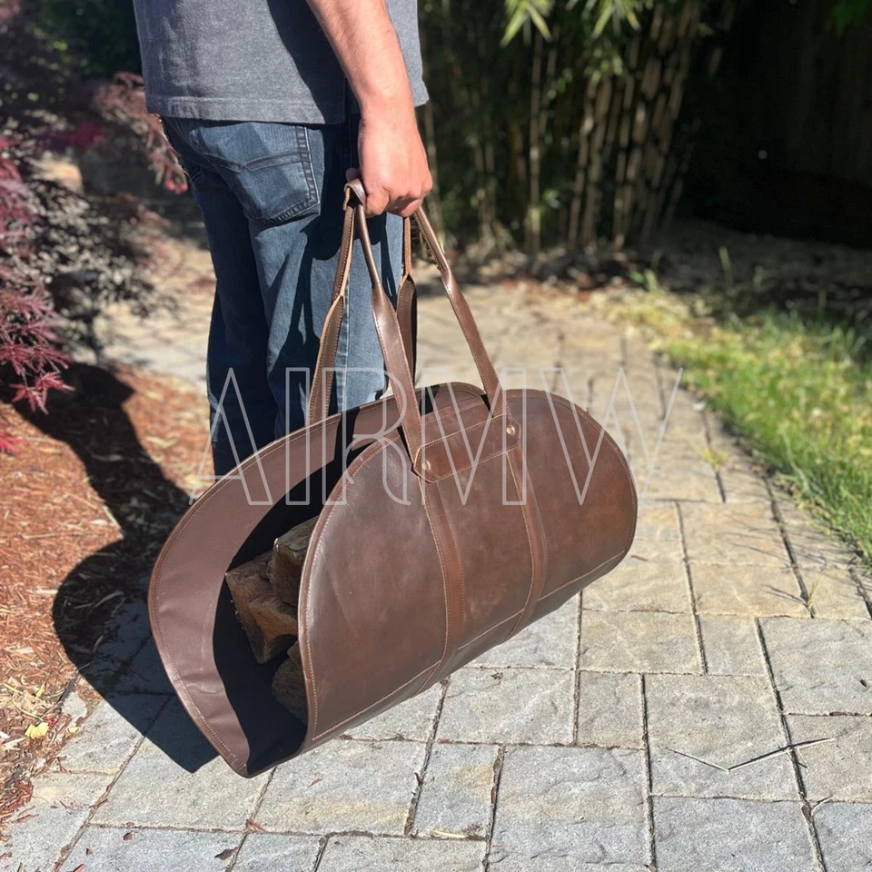 Portador de troncos de leña hecho a mano cuero de vaca real - Bolso portador de madera Foto 4 de 4