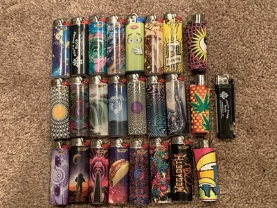 Vtg LOT 25 Collection Bic Novelty Lighters Used ALL Working Megadeth Some RARE