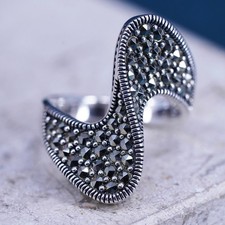Size 7, vintage sterling silver handmade ring, 925 wavy band with marcasite