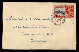 DR WHO 1935 TRINIDAD KGV #44 PORT OF SPAIN TO CANADA R71566