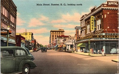 Main Street, Sumter, South Carolina- c1940s Linen Postcard - S.H. Kress, Efirds