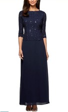 Alex Evenings A-Line Sequin Lace 3/4 Sleeve Bodice Long Gown - Sz. 12, Blue