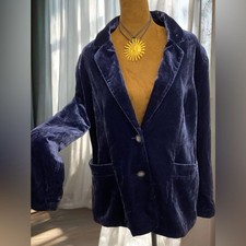Whimsigoth Velvet Bohemian Feminine Dark Blue Blazer Jacket Office Work