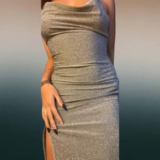 silver bodycon dress with slit