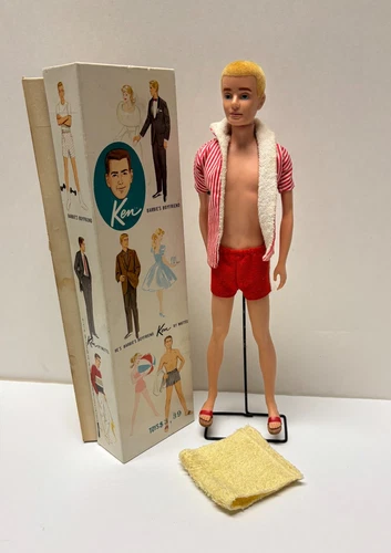 VTG 1962 Flocked hair Ken w/box original swim suit, sandals and jacket Mattel