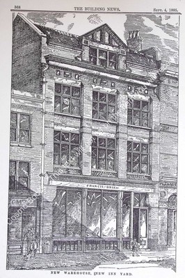 1885 : NEW INN YARD WAREHOUSE. AN ORIGINAL PAGE FROM THE BUILDING NEWS. AN ILLUS