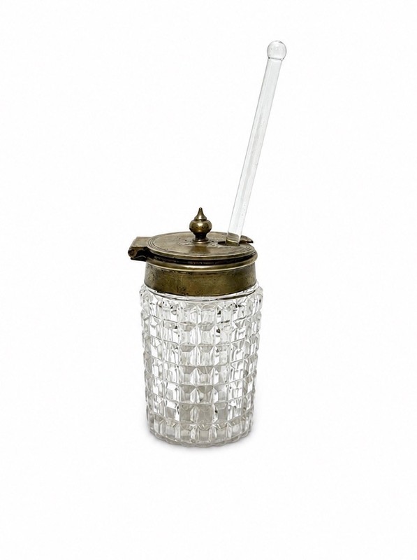 Vintage Cut Glass Honey Jar w Lid & Glass Dipper Honey Pot Server 4" Stirrer