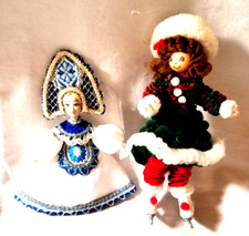 2 Russian Traditional Costume Folk Art Doll Christmas Tree Ornaments VTG