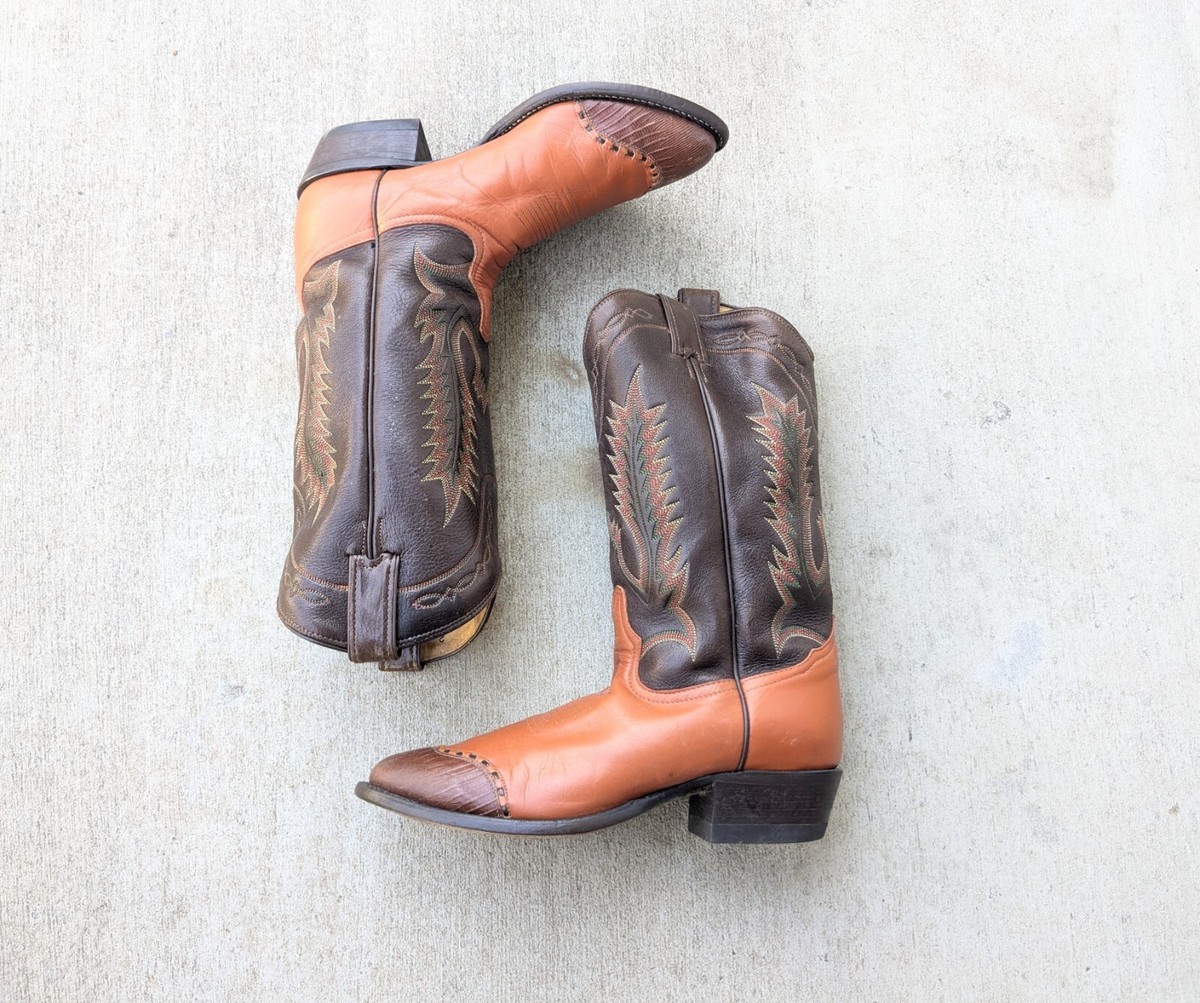 Two-Tone Western Cowboy Boots - Gree and Brown Mens 9.5D Vintage DAN POST Brown 2 Tone Ostrich Western Boots | Made  main image 4
