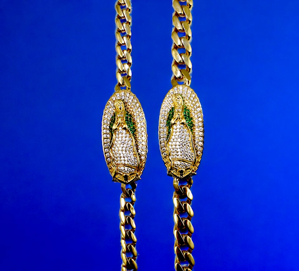 14K Yellow Gold SOLID Virgin Mary CZ Monaco Cuban Link Chain ID Bracelet Real - Image 2 of 4