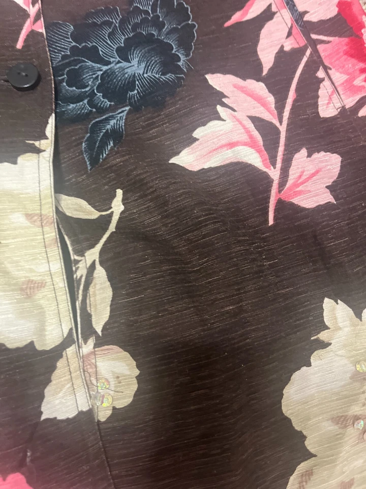 Blazer Silk Land Pequeño Mujer Seda Floral Marrón Rosa Chaqueta Larga Cuello Botones Foto 4 de 4