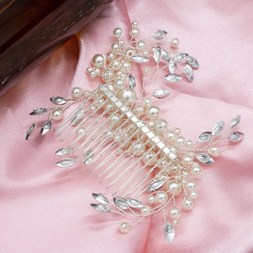 Simulated Pearl Wedding Comb, Bridesmaid or Prom, Rhpdium Plated - Picture 4 of 12