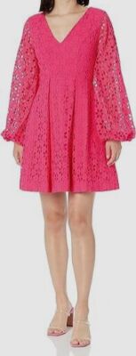 $328 Trina Turk Women's Pink Grazia Pleated Floral Eyelet Dress Size 0