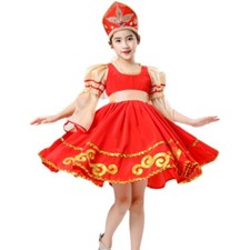 Girls Dance Dress Swing Puff Sleeve Russia Traditional Costume with Headwear