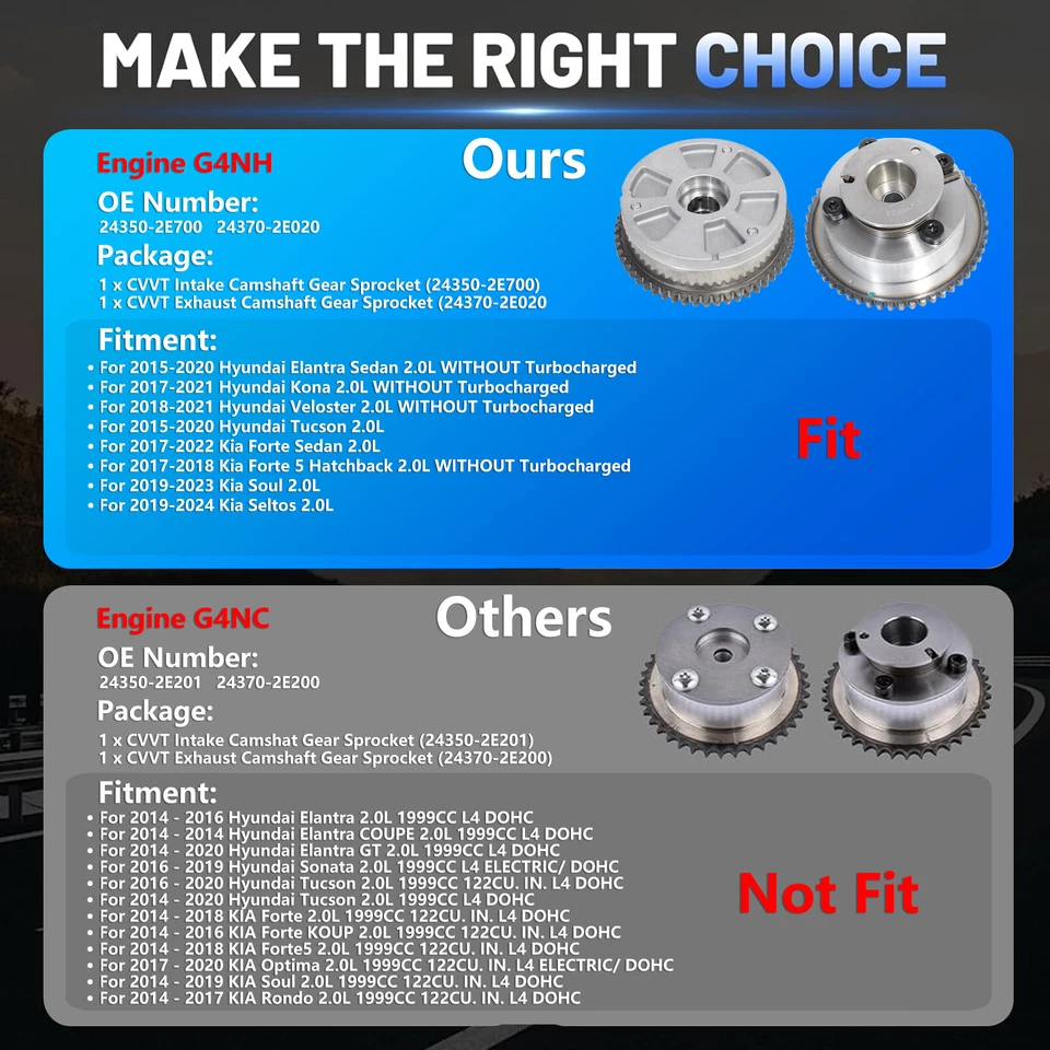 Timing Chain Kit w/ VVT Camshaft Gear For 2017-2022 Hyundai Elantra Kona 2.0L Foto 3 de 4
