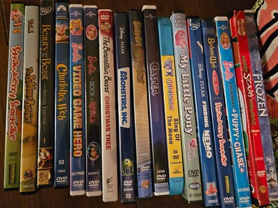 Lot of 17 Kids DVDs Beauty And The Beast Frozen Monsters Inc. Barbie and more!
