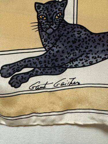 GANT GAITHER Vintage Silk Scarf Hand Rolled Black Leopard Yellow Ivory Chain - Picture 3 of 11